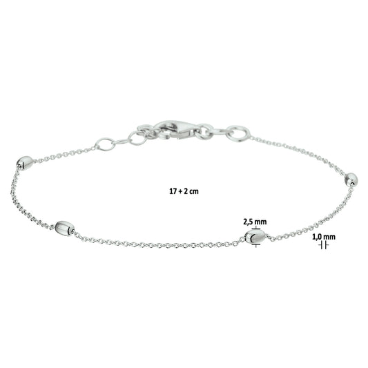 vDam Armband Bolletjes 1,0 Mm 17cm+ 2 Cm Zilver Gerhodineerd 1327008 17cm