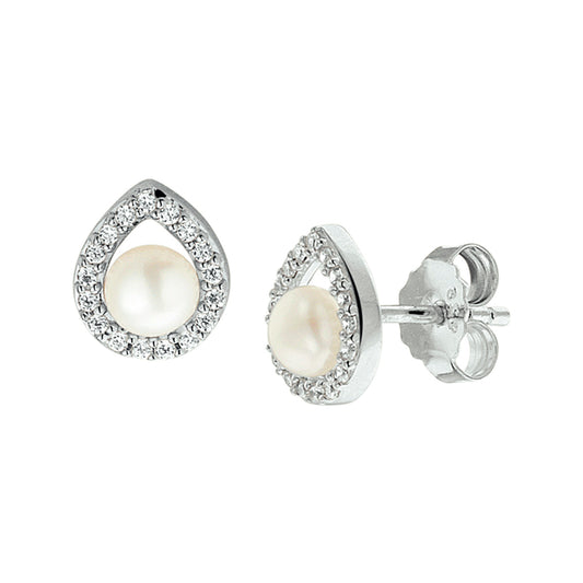 vDam Oorknoppen Parel En Zirkonia Zilver Gerhodineerd 1327890