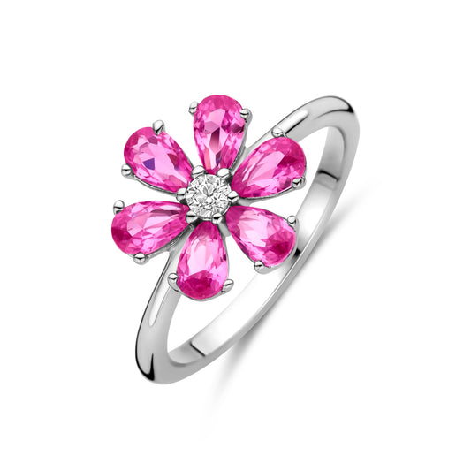 vDam Ring Bloem Wit En Roze Zirkonia Zilver Gerhodineerd 1339193