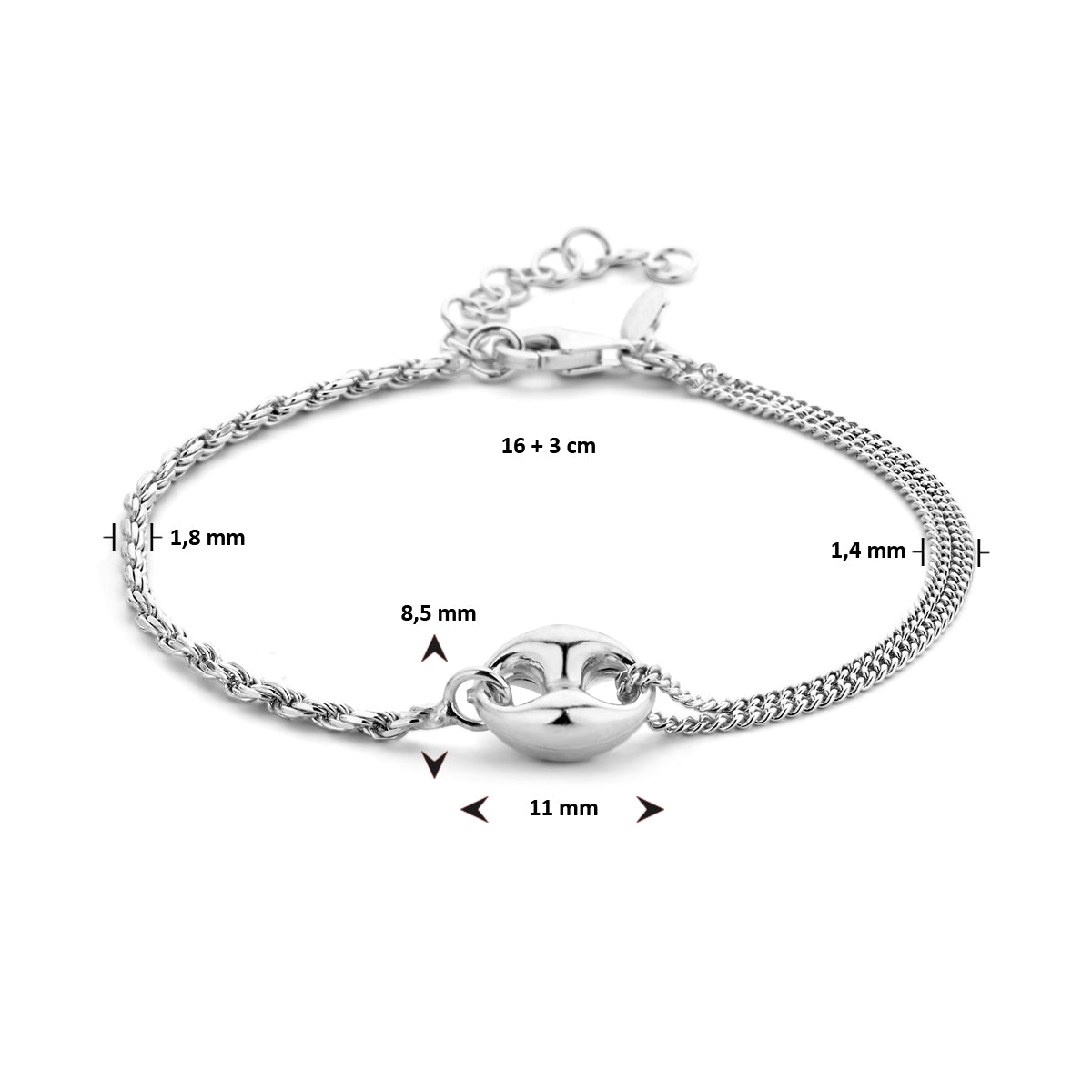 vDam Armband 16cm + 3 Cm Zilver Gerhodineerd 1335637  16cm