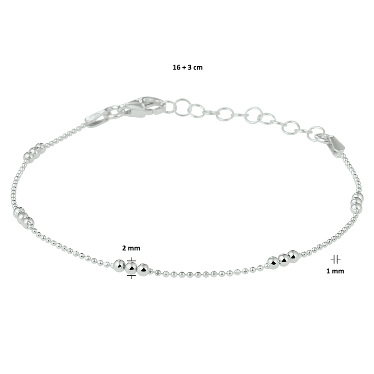 vDam Armband Bolletjes 2,0 Mm 16cm + 3 Cm Zilver Gerhodineerd 1328621  16cm