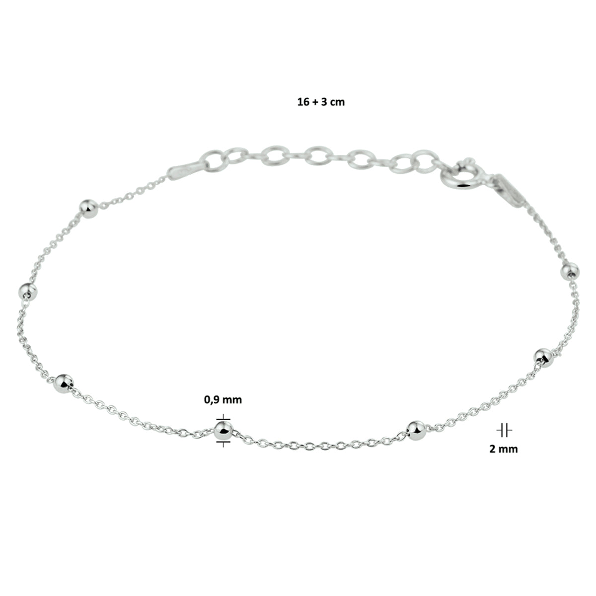 vDam Armband Bolletjes 2,0 Mm 16cm + 3 Cm Zilver Gerhodineerd 1330905  16cm
