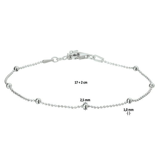 vDam Armband Bolletjes 2,5 Mm 17cm + 2 Cm Zilver Gerhodineerd 1327011  17cm