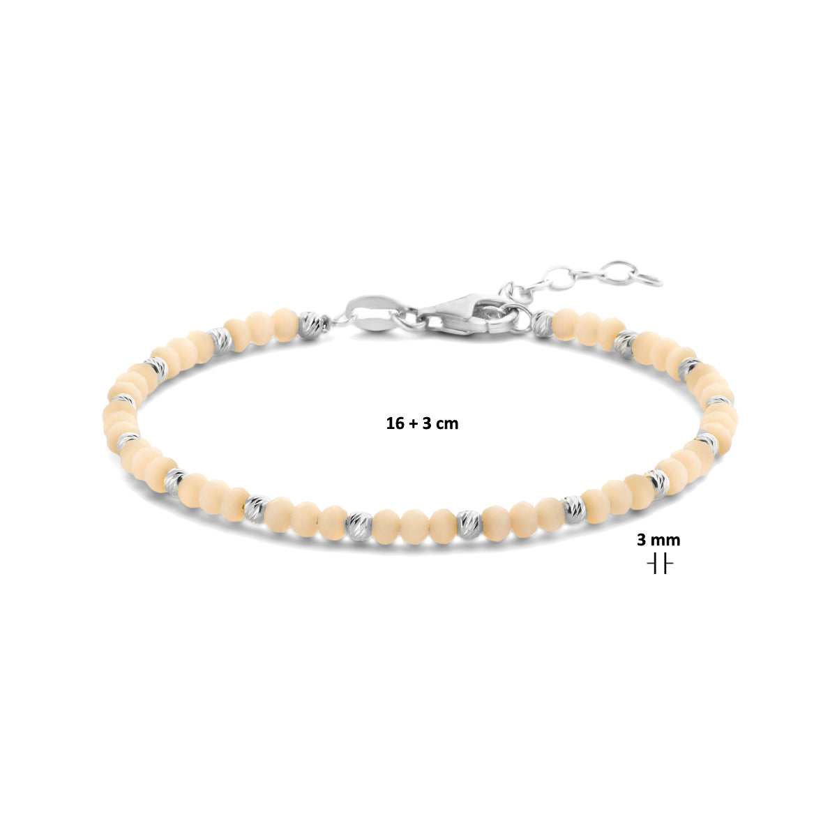 vDam Armband Bolletjes Gediamanteerd En Zachtgeel Glas 3,0 Mm 16cm + 3 Cm Zilver Gerhodineerd 1336411  16cm