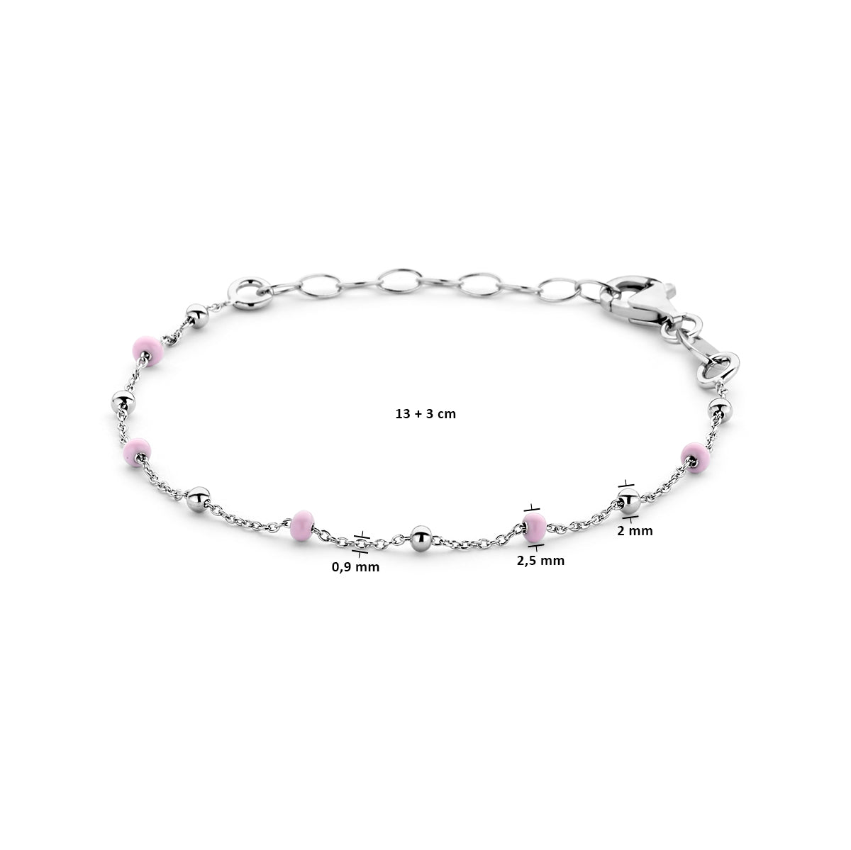 vDam Armband Bolletjes Roze Emaille 13cm + 3 Cm Zilver Gerhodineerd 13cm38760  13cm