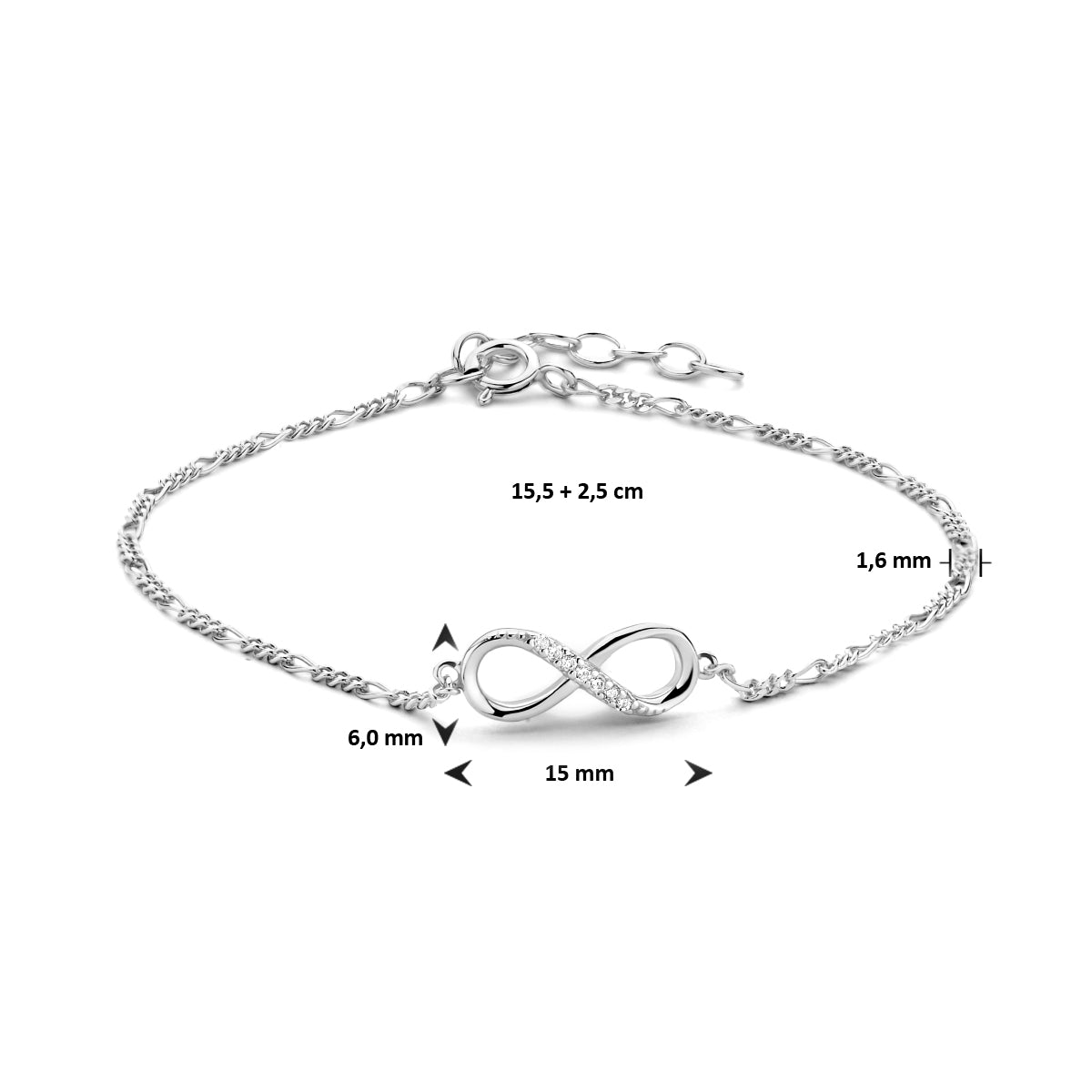 vDam Armband Infinity Zirkonia 15,5 + 2,5 Cm Zilver Gerhodineerd 1334812  15.5cm