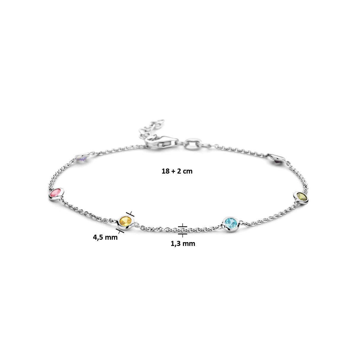 vDam Armband Meerdere Kleuren Zirkonia 18cm + 2 Cm Zilver Gerhodineerd 1335371  18cm