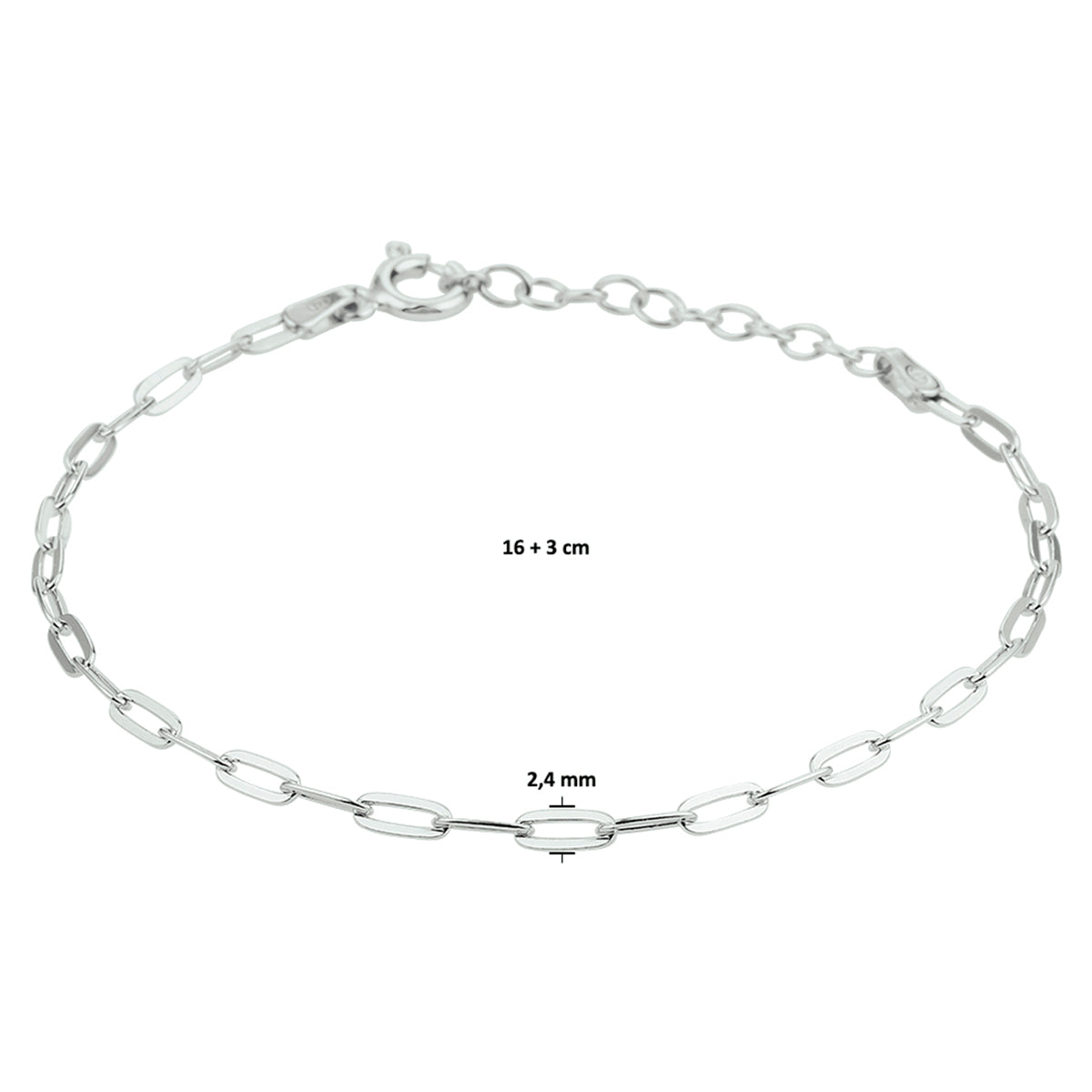 vDam Armband Paperclip Platte Buis 2,4 Mm 16cm + 3 Cm Zilver Gerhodineerd 1332102  16cm