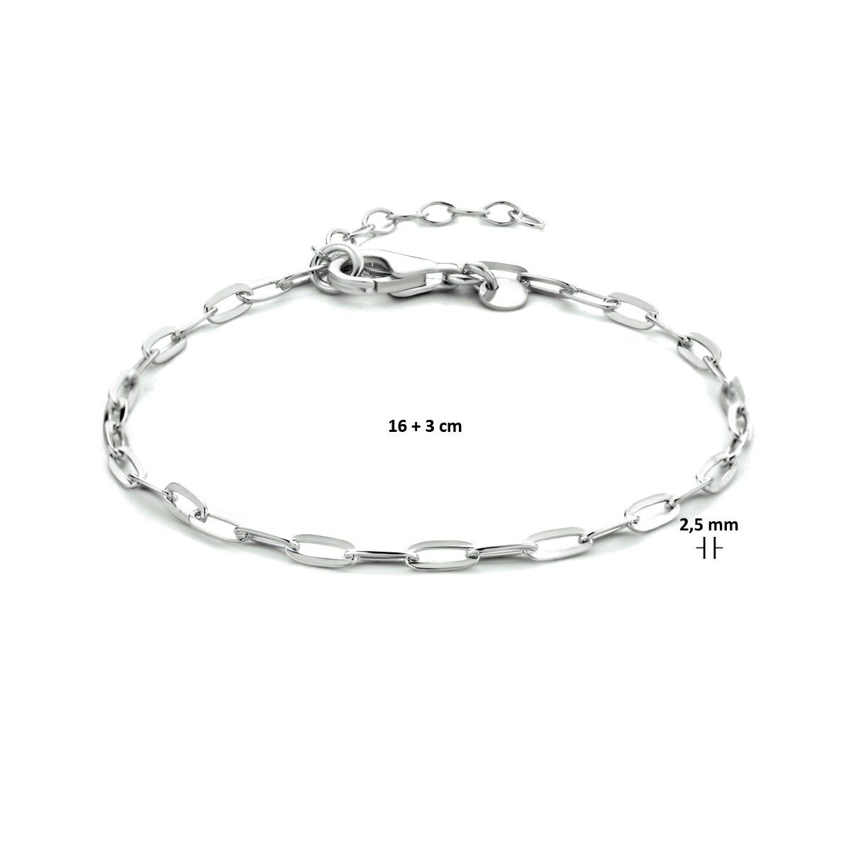 vDam Armband Paperclip Platte Buis 2,5 Mm 16cm + 3 Cm Zilver Gerhodineerd 1333928  16cm