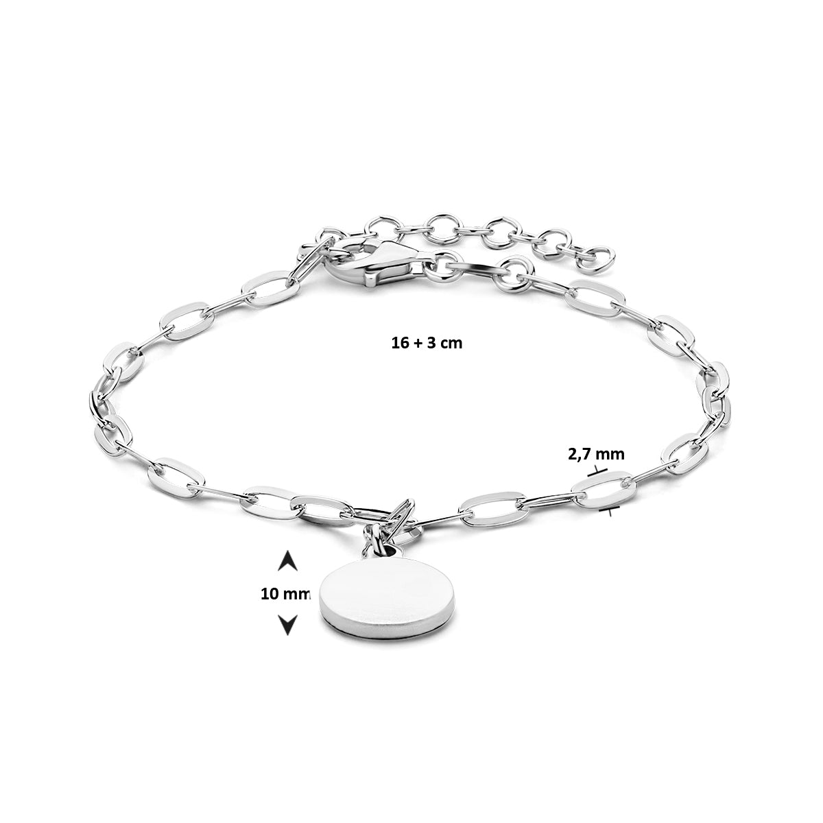 vDam Armband Paperclip Platte Buis Rondje 2,7 Mm 16cm + 3 Cm Zilver Gerhodineerd 1334681  16cm