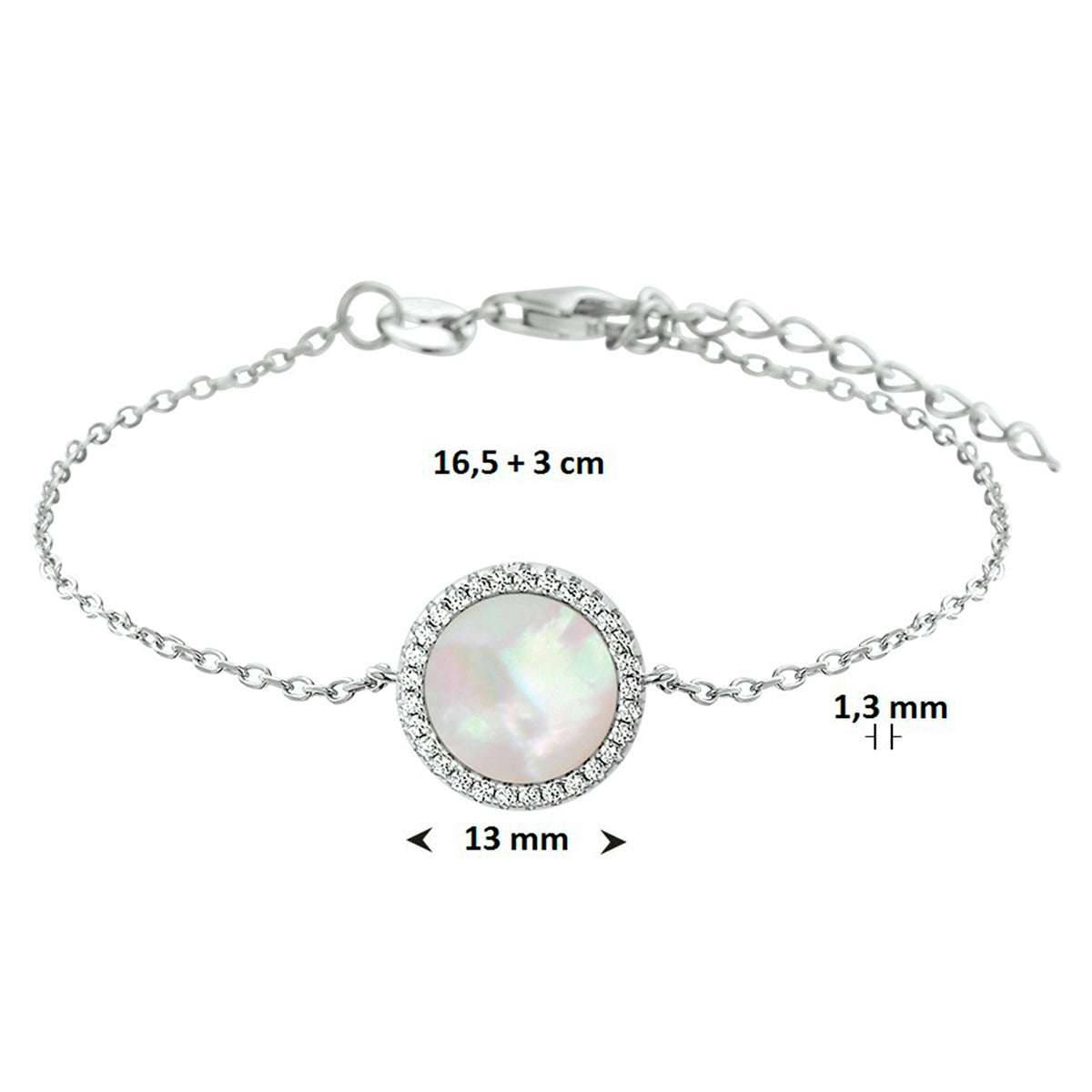 vDam Armband Parelmoer En Zirkonia 16,5 + 3 Cm Zilver Gerhodineerd 1325230  16.5cm