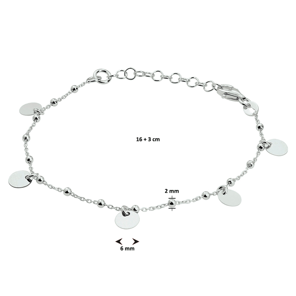 vDam Armband Rondjes 16cm + 3 Cm Zilver Gerhodineerd 1330336  16cm