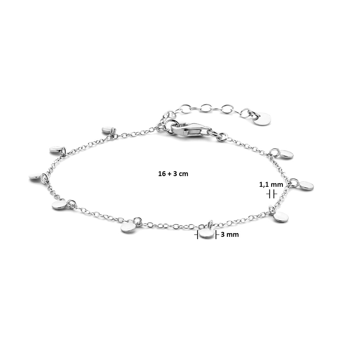 vDam Armband Rondjes 16cm + 3 Cm Zilver Gerhodineerd 1334309  16cm