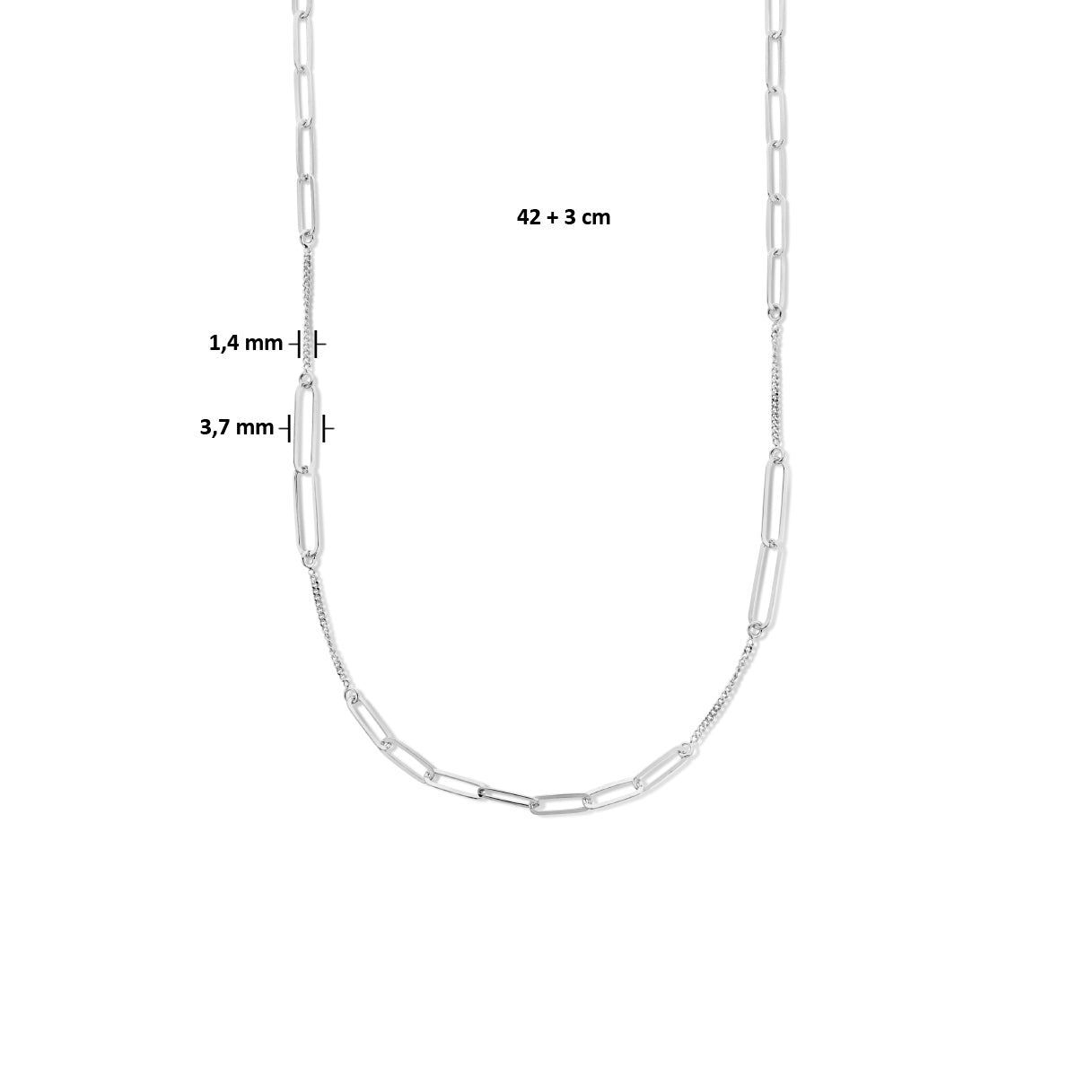 vDam Combi-collier Paperclip Platte Buis En Gourmette 3,7 Mm 42cm + 3 Cm Zilver Gerhodineerd 1335579  42cm