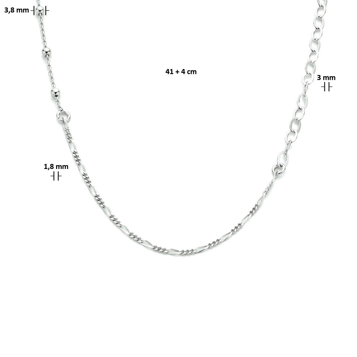 vDam Combi-collier Schakels 3,8 Mm 41cm + 4 Cm Zilver Gerhodineerd 1334048  41cm