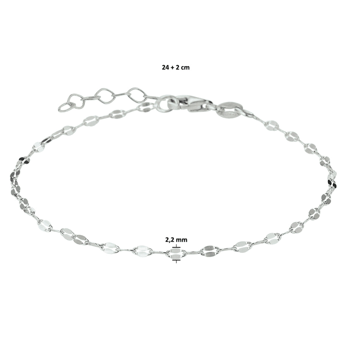 vDam Enkelbandje 2,2 Mm 24cm + 2 Cm Zilver Gerhodineerd 1328450  24cm