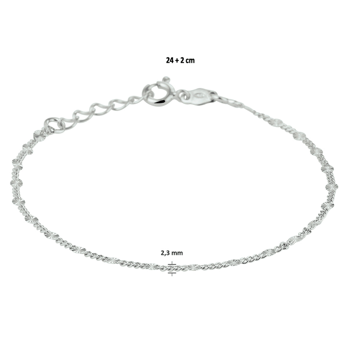 vDam Enkelbandje 2,3 Mm 24cm + 2 Cm Zilver Gerhodineerd 1329651  24cm