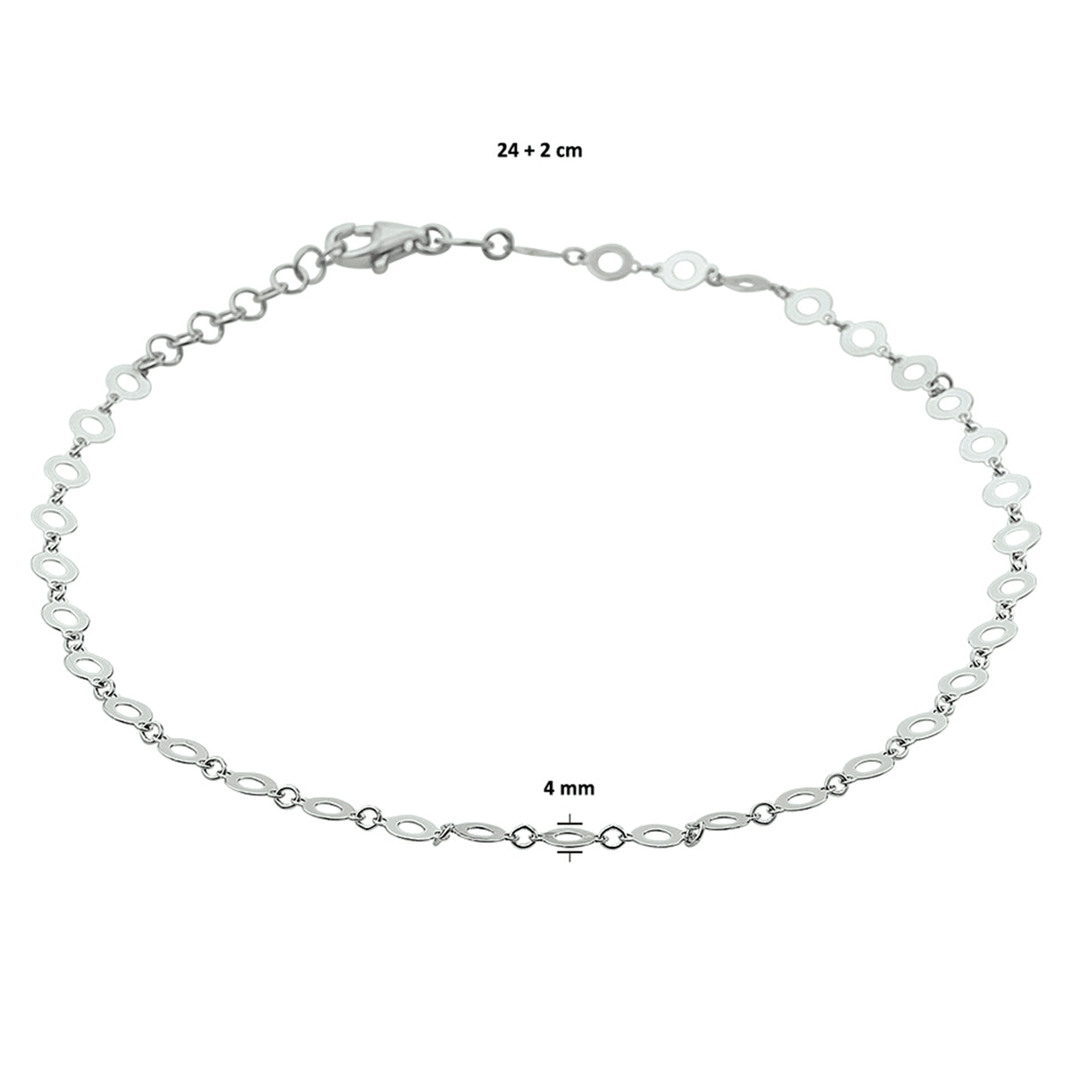 vDam Enkelbandje 4,0 Mm 24cm + 2 Cm Zilver Gerhodineerd 1327942  24cm