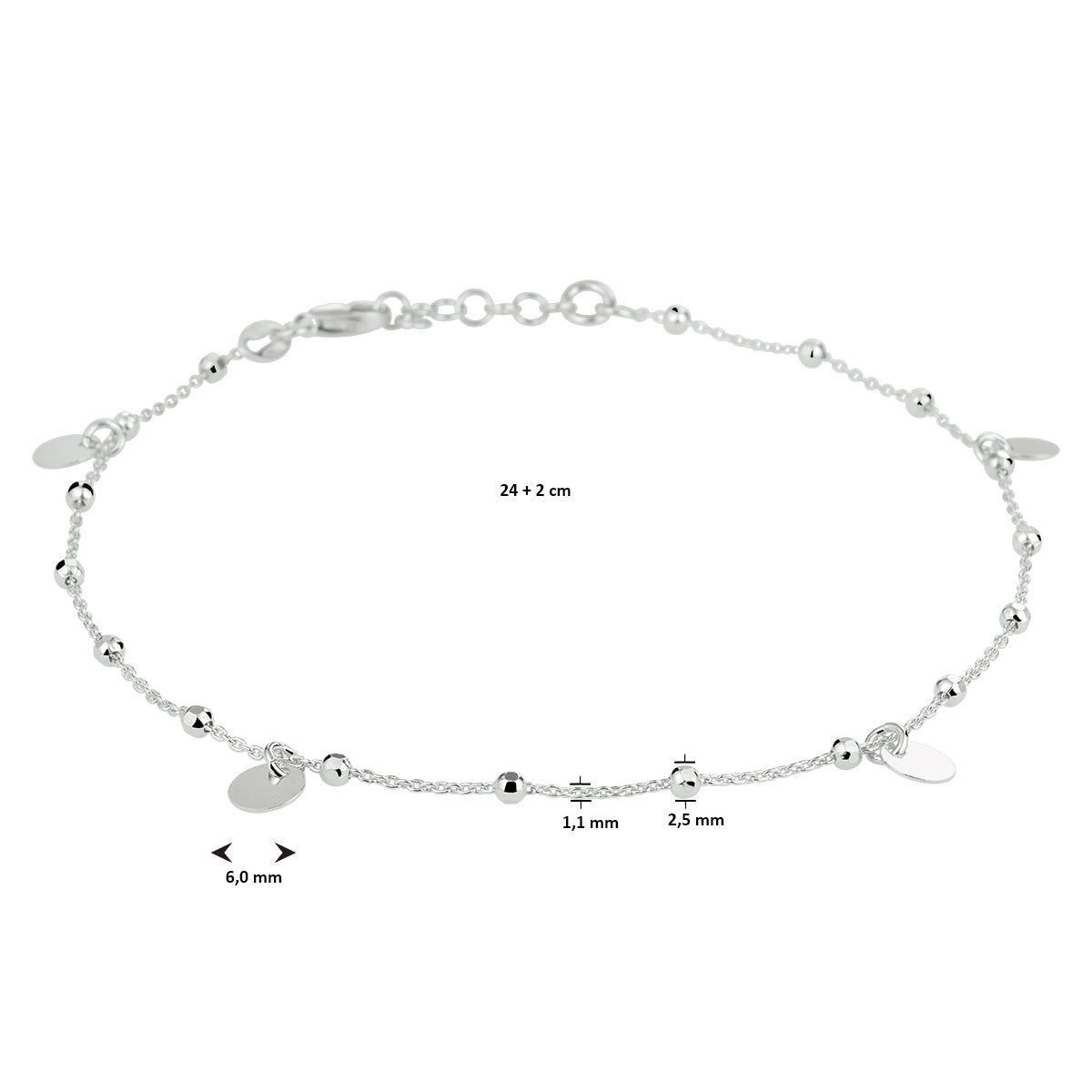 vDam Enkelbandje Rondjes 24cm + 2 Cm Zilver Gerhodineerd 1333296  24cm
