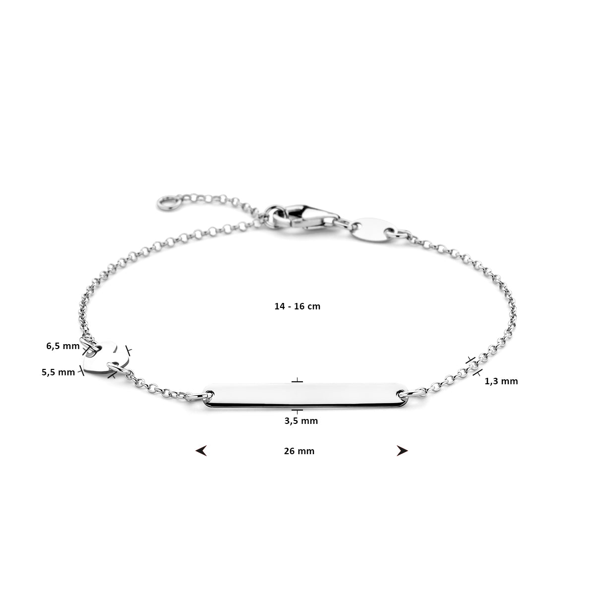 vDam Graveerarmband Hart En Plaat 3,5 Mm 14cm - 16 Zilver Gerhodineerd 1338747  14cm