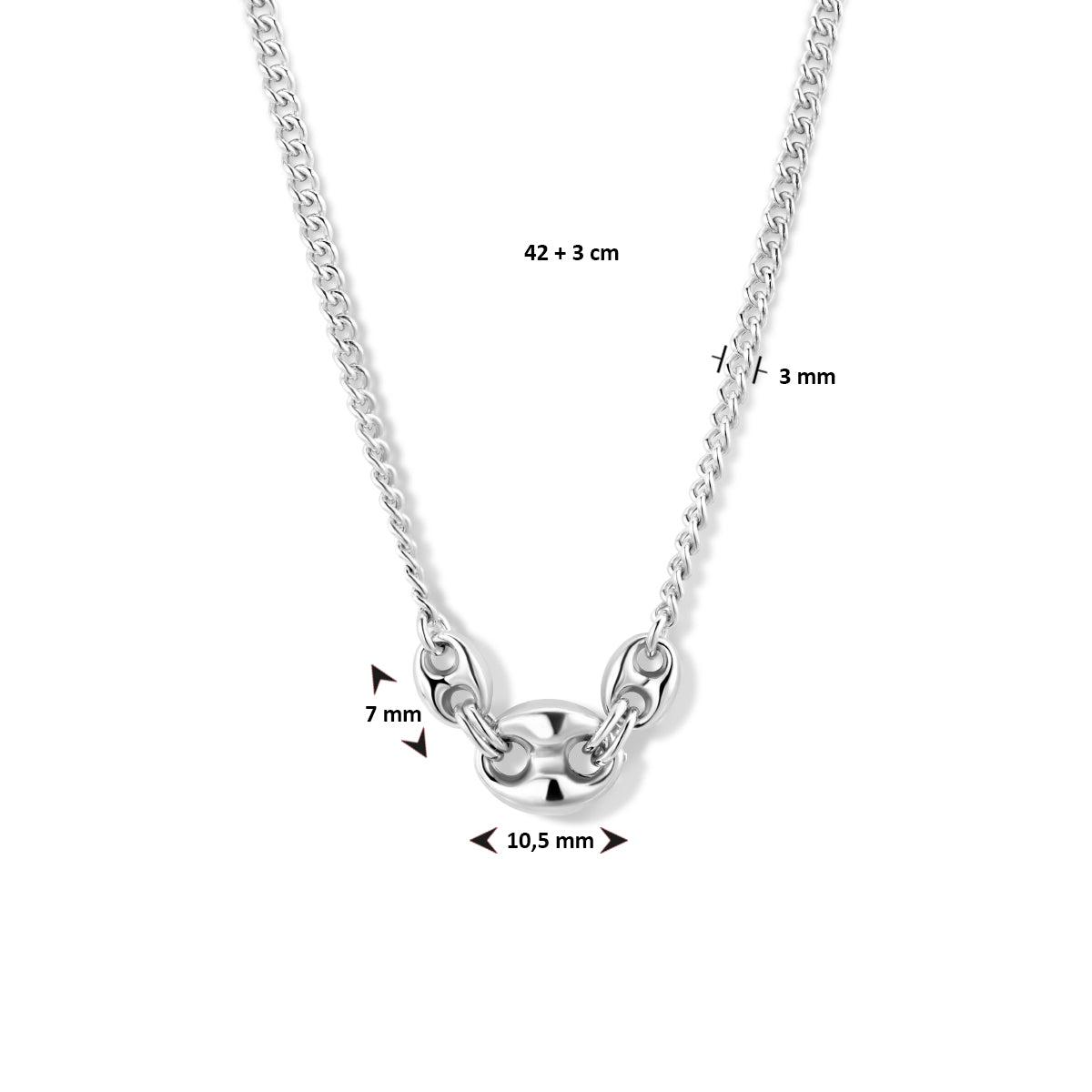 vDam Ketting 10,5 Mm 42cm + 3 Cm Zilver Gerhodineerd 1334898  42cm