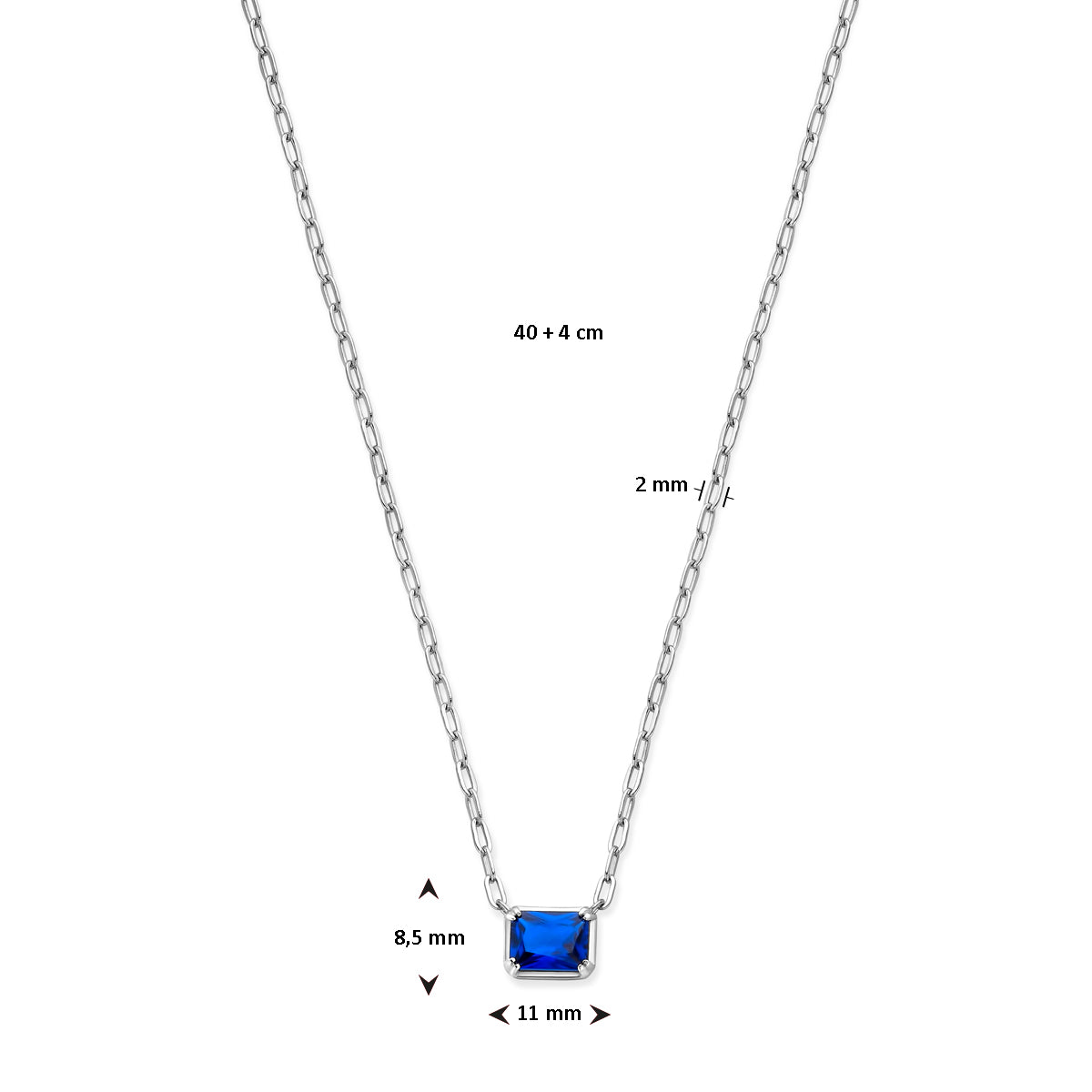 vDam Ketting Blauw Zirkonia 40cm + 4 Cm Zilver Gerhodineerd 1337783  40cm