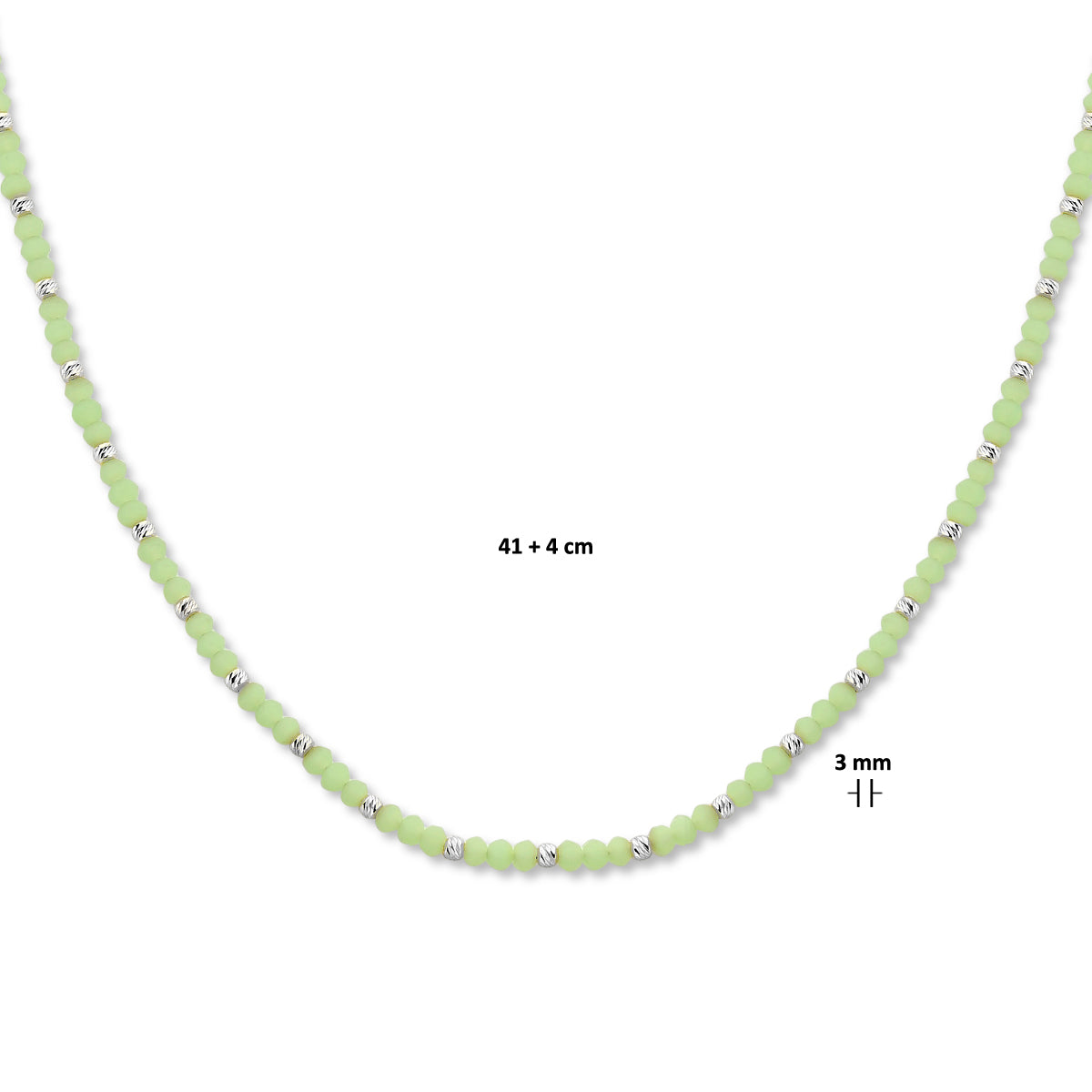 vDam Ketting Bolletjes Gediamanteerd En Lichtgroen Glas 3,0 Mm 41cm + 4 Cm Zilver Gerhodineerd 133641cm5  41cm