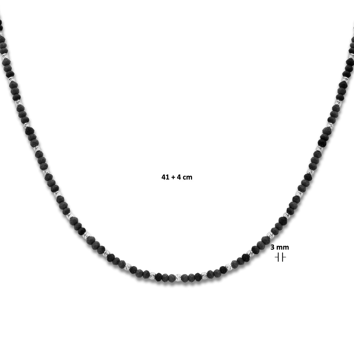 vDam Ketting Bolletjes Gediamanteerd En Zwart Glas 3,0 Mm 41cm + 4 Cm Zilver Gerhodineerd 133641cm4  41cm