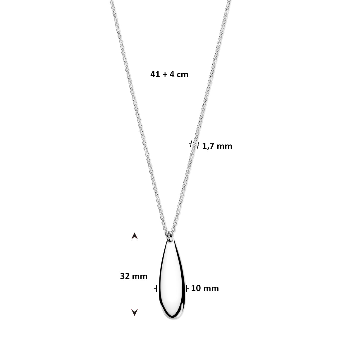 vDam Ketting Druppel 41cm + 4 Cm Zilver Gerhodineerd 1341cm821  41cm