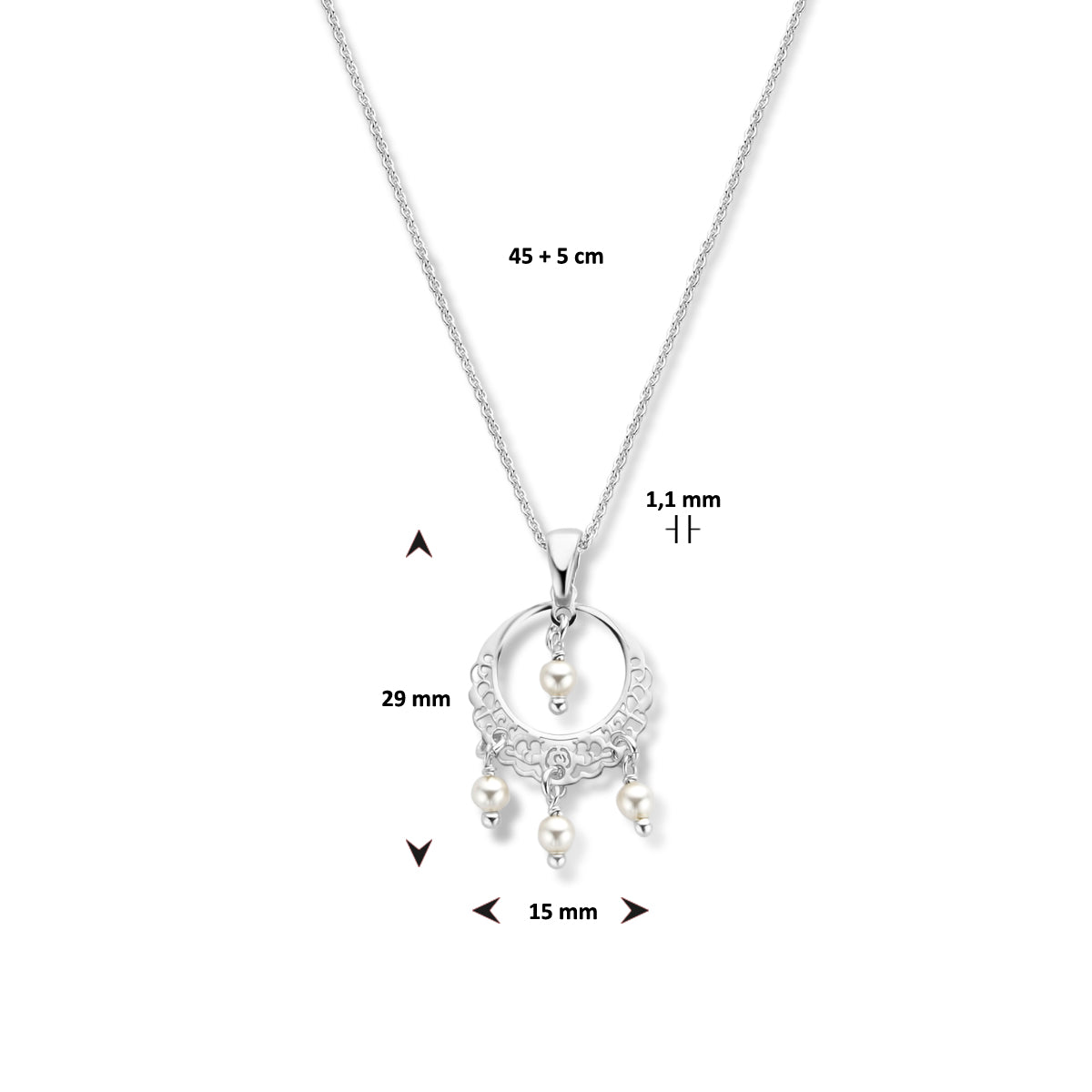 vDam Ketting Filigrain En Swarovski Parels 45cm + 5 Cm Zilver Gerhodineerd 1336369  45cm