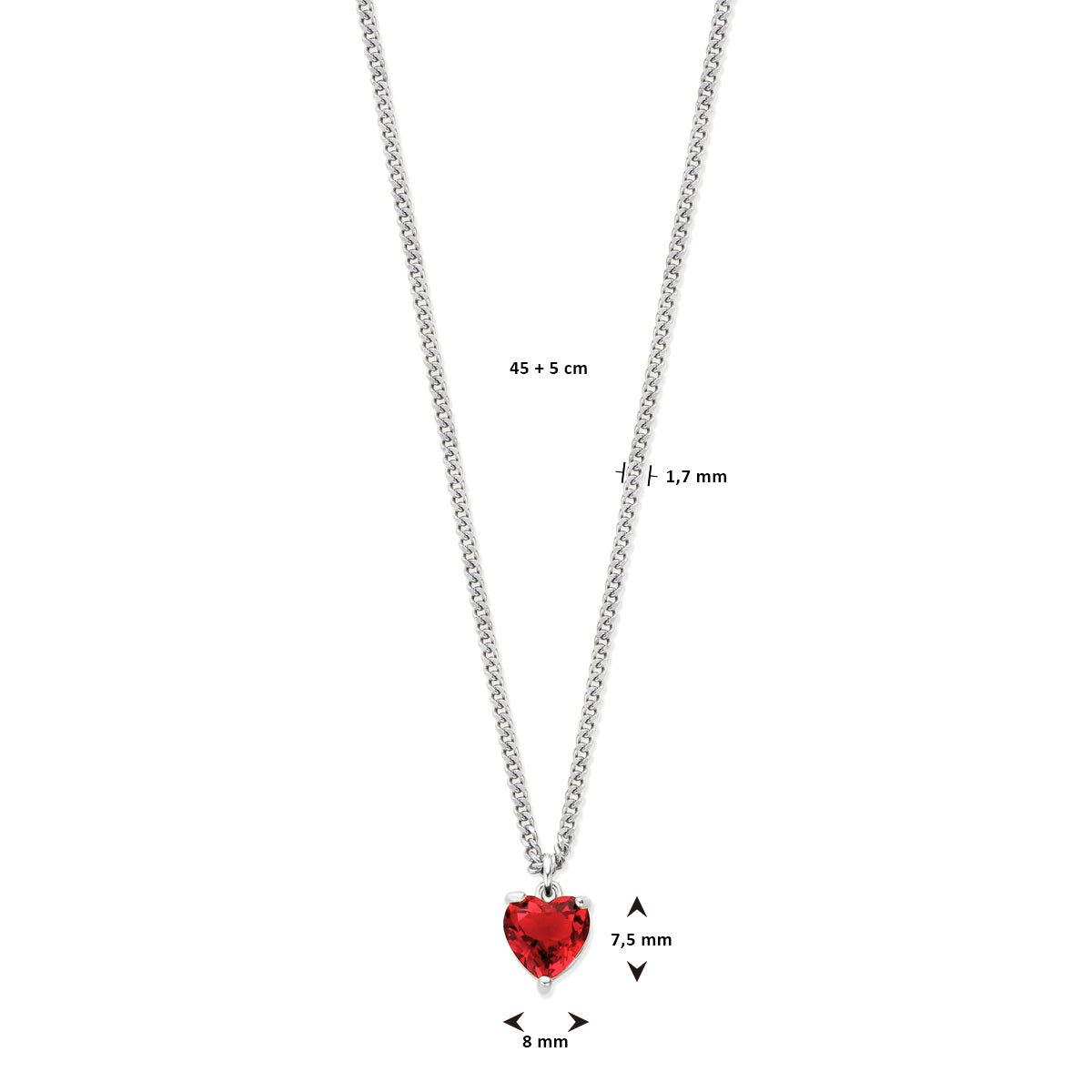 vDam Ketting Hart Rood Zirkonia 45cm + 5 Cm Zilver Gerhodineerd 1338192  45cm