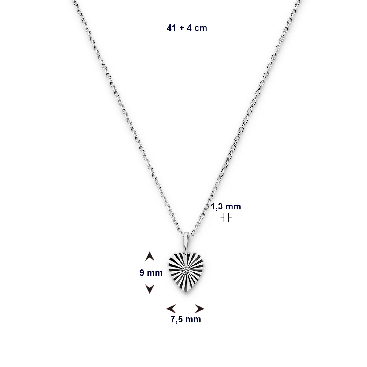 vDam Ketting Hart Zirkonia Gediamanteerd 41cm + 4 Cm Zilver Gerhodineerd 1336712  41cm