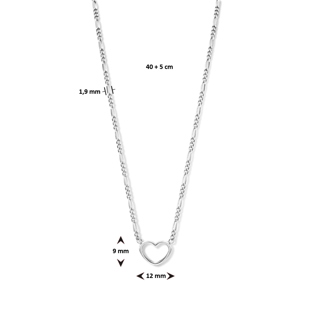 vDam Ketting Hartje 40cm + 5 Cm Zilver Gerhodineerd 1334893  40cm