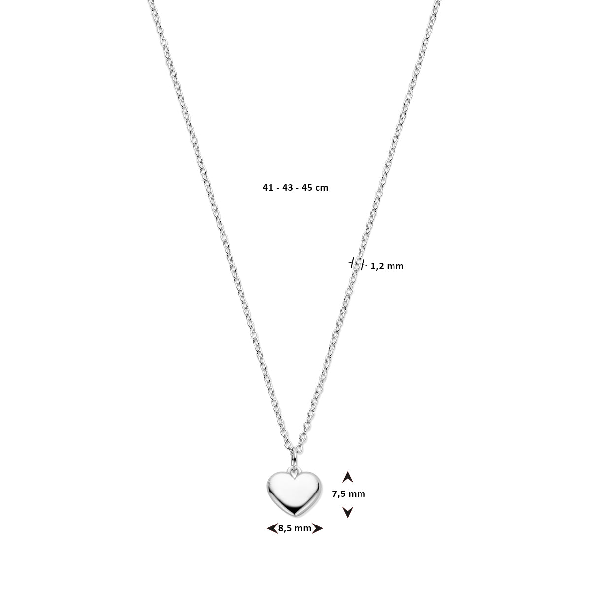 vDam Ketting Hartje 41cm - 43 - 45 Cm Zilver Gerhodineerd 1339915  41cm