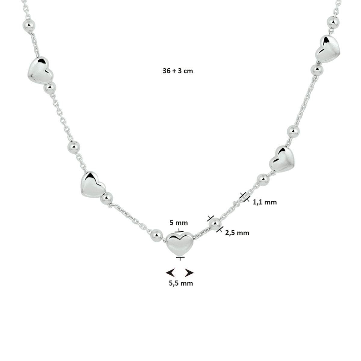 vDam Ketting Hartjes 36cm + 3 Cm Zilver Gerhodineerd 1332808  36cm