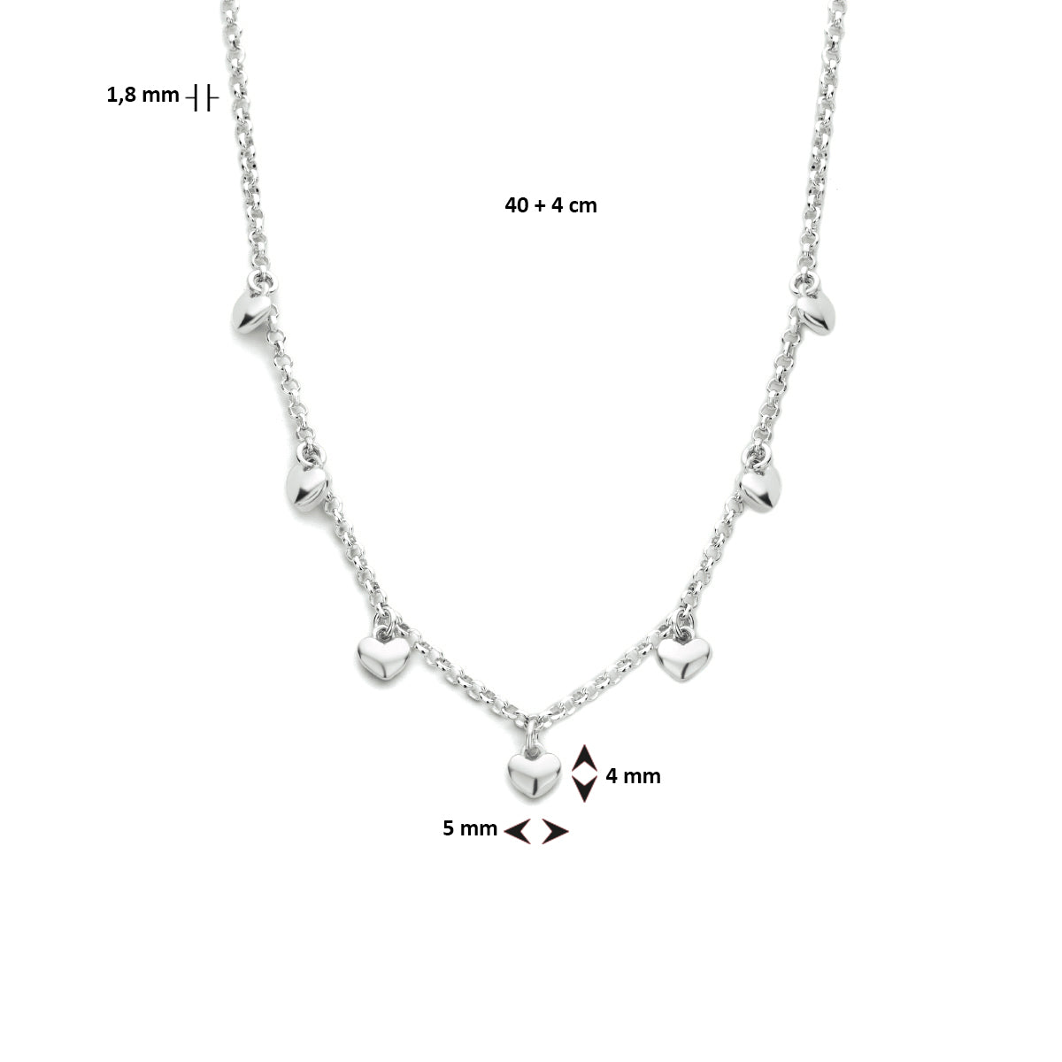 vDam Ketting Hartjes 40cm + 4 Cm Zilver Gerhodineerd 1334751  40cm