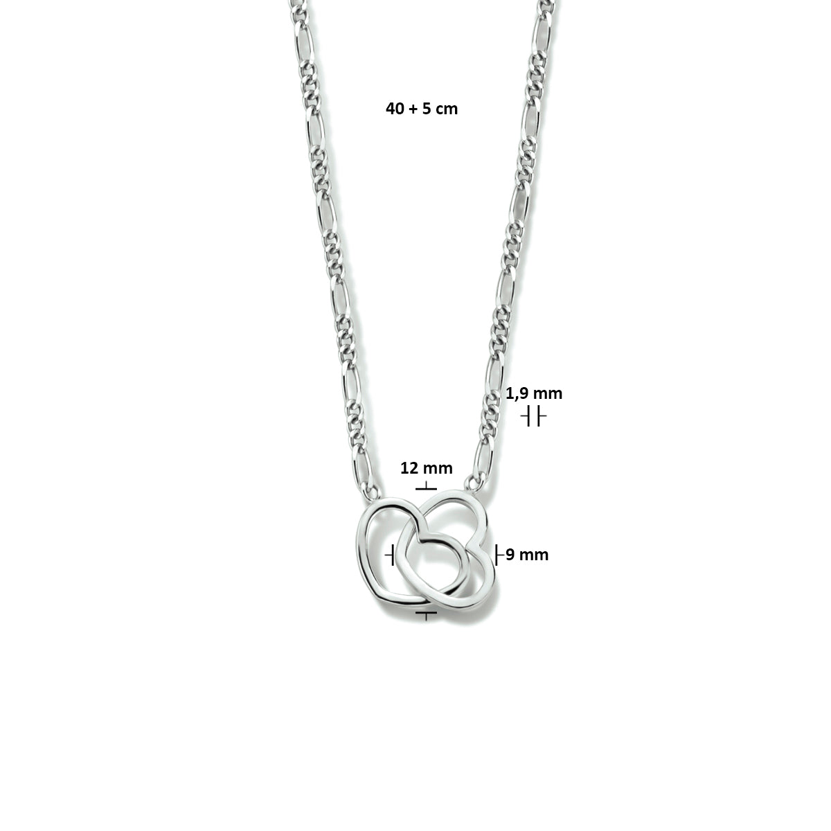 vDam Ketting Hartjes 40cm + 5 Cm Zilver Gerhodineerd 1334371  40cm