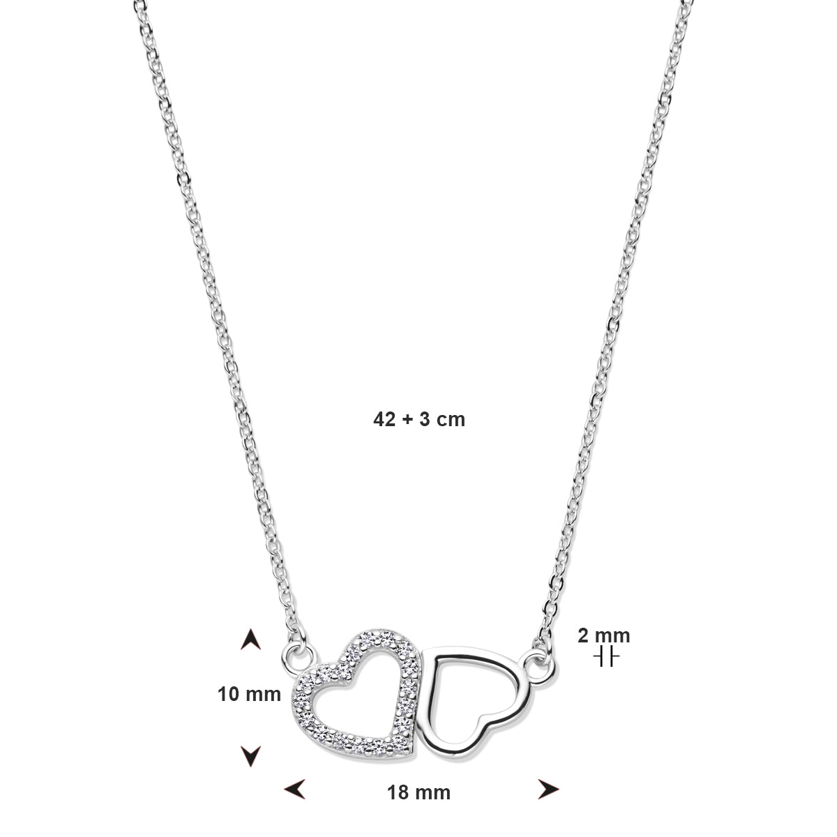 vDam Ketting Hartjes Zirkonia 42cm + 3 Cm Zilver Gerhodineerd 1338594  42cm