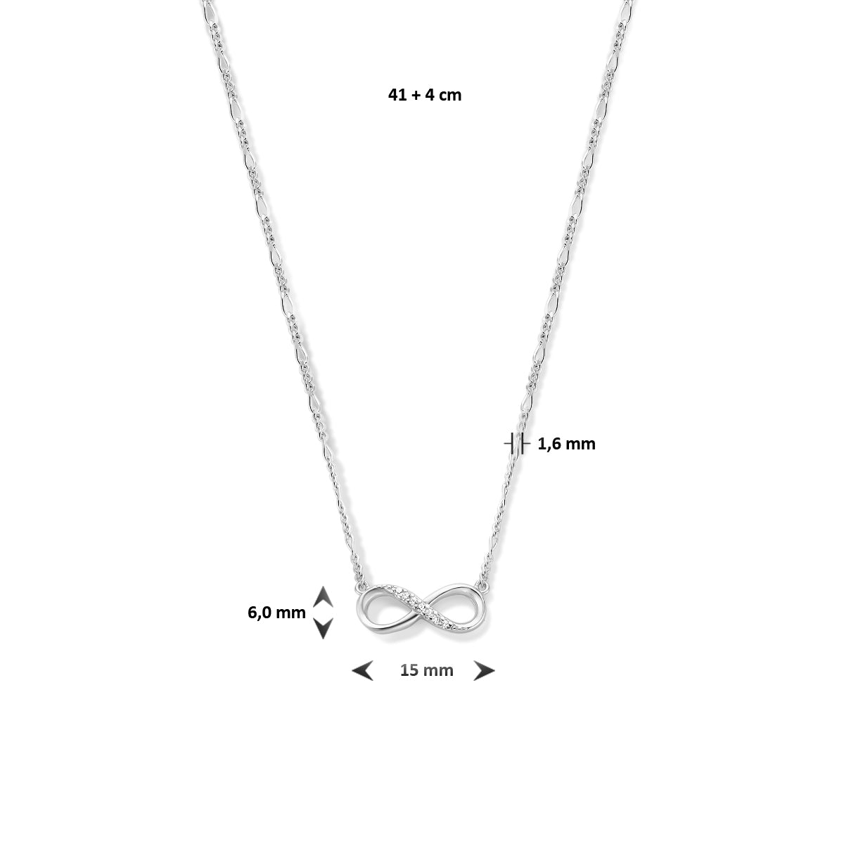 vDam Ketting Infinity Zirkonia 41cm + 4 Cm Zilver Gerhodineerd 1334813  41cm