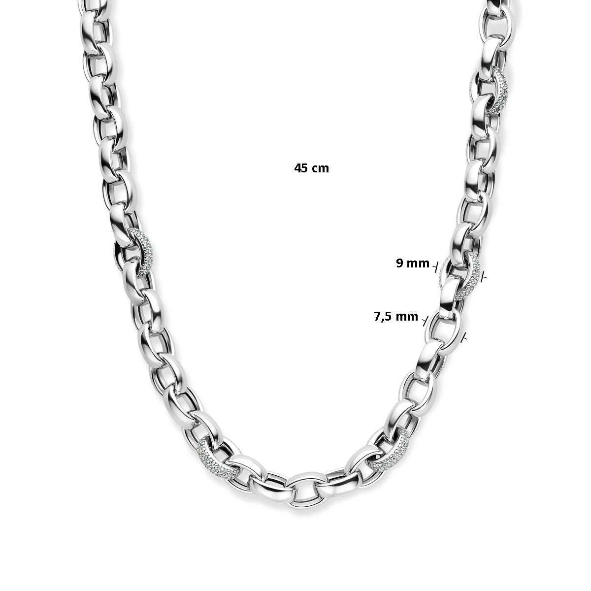 vDam Ketting Jasseron Ovaal Zirkonia 7,5 Mm 45cm Cm Zilver Gerhodineerd 1336689  45cm