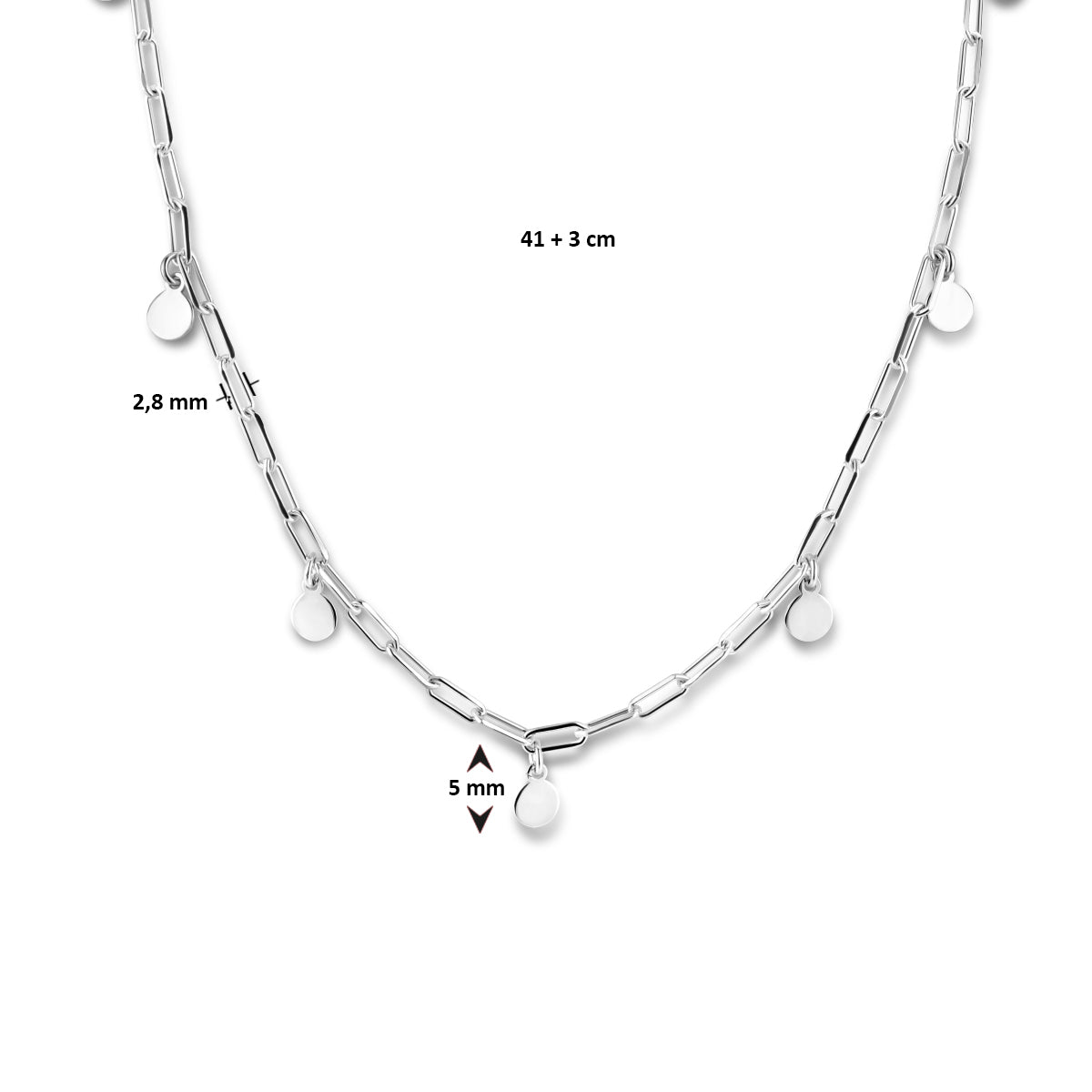 vDam Ketting Paperclip Platte Buis En Rondjes 2,8 Mm 41cm + 3 Cm Zilver Gerhodineerd 1334753  41cm