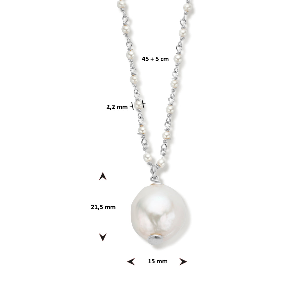 vDam Ketting Parels 45cm + 5 Cm Zilver Gerhodineerd 1336028  45cm