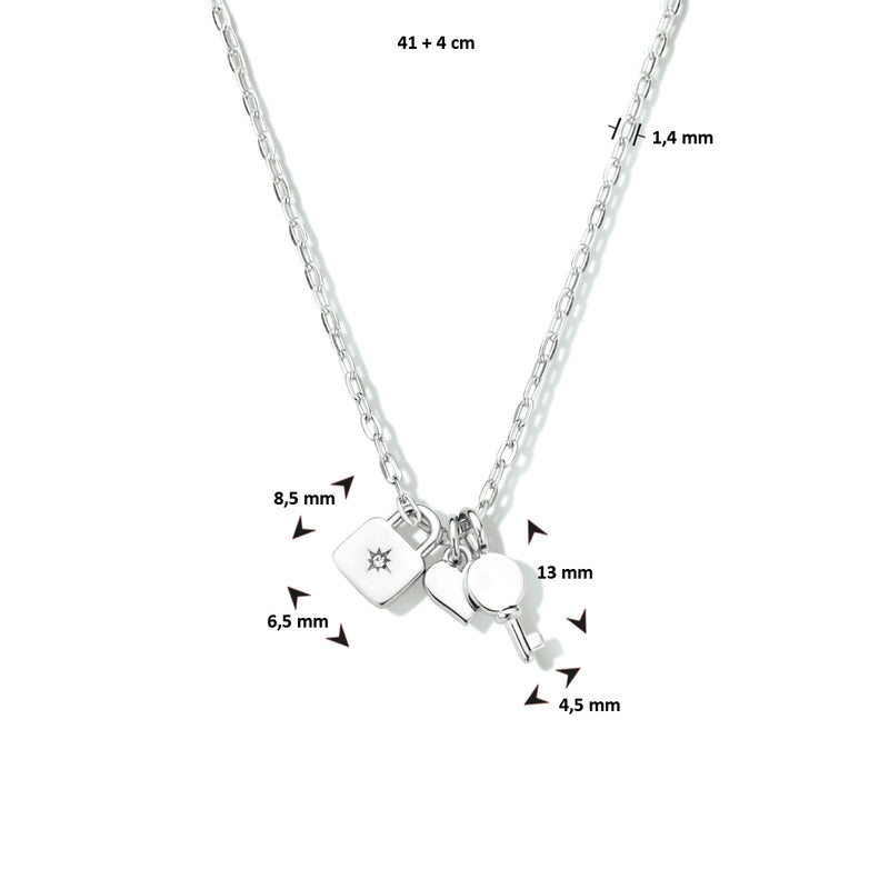 vDam Ketting Slot, Hart En Sleutel 41cm + 4 Cm Zilver Gerhodineerd 1334357  41cm