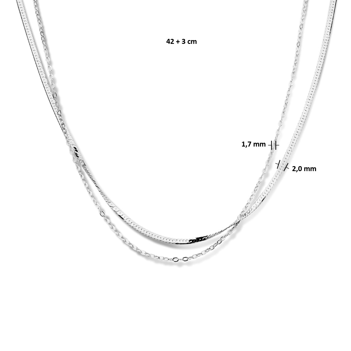 vDam Multi-collier 2,0 Mm 42cm + 3 Cm Zilver Gerhodineerd 1334713  42cm