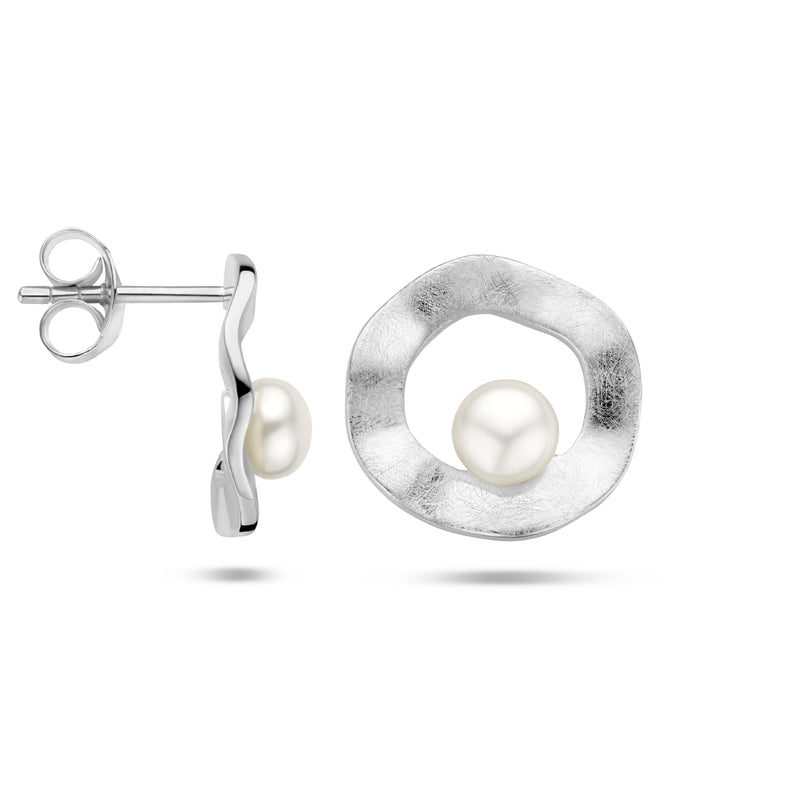 vDam Oorknoppen Rondje Parel Gescratcht Zilver Gerhodineerd 1335444