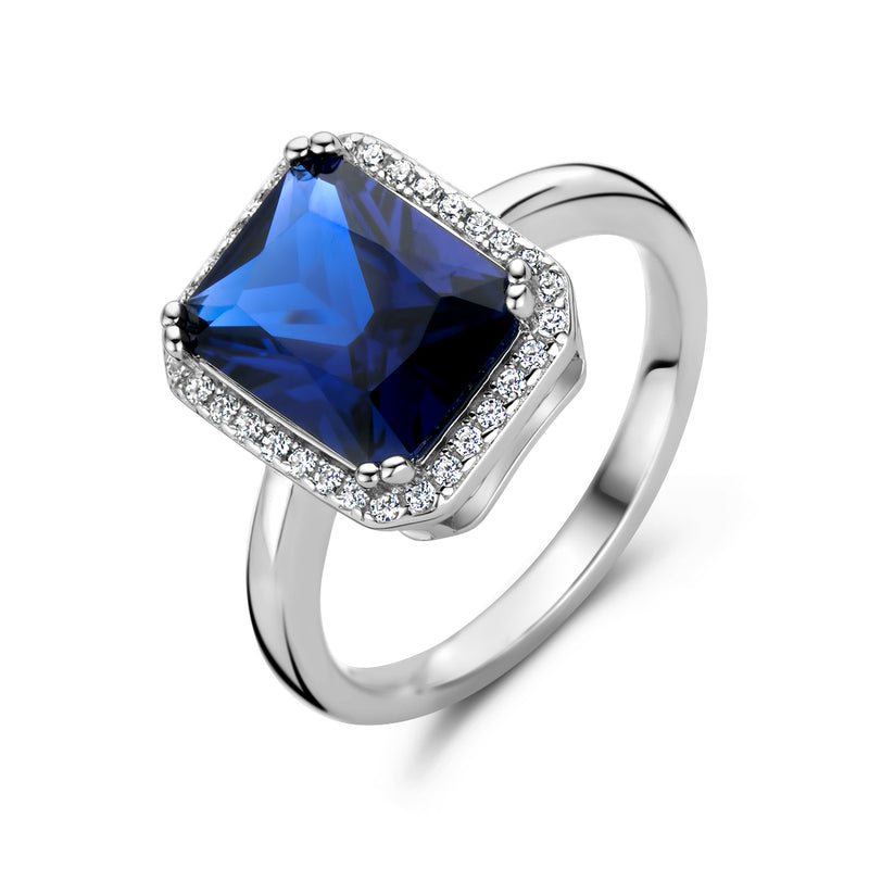 vDam Ring Saffierkleurig En Wit Zirkonia Halo Zilver Gerhodineerd 1336812