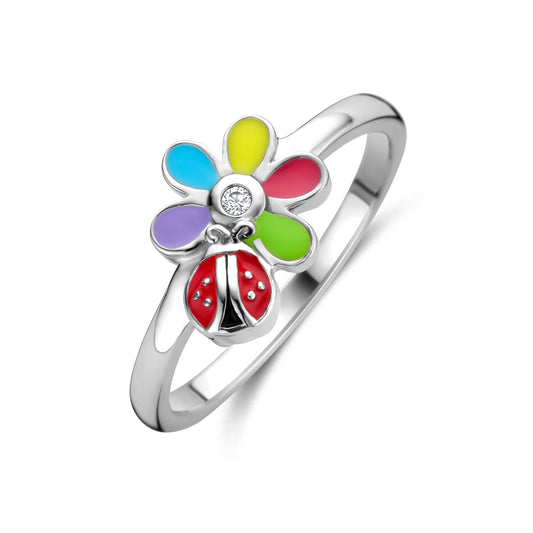 vDam Ring Zirkonia Bloem En Lieveheersbeestje Zilver Gerhodineerd 1341438