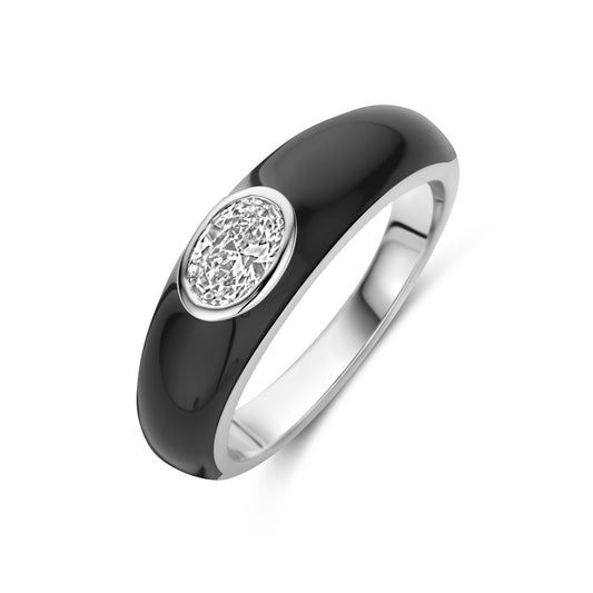 vDam Ring Zwart Emaille En Zirkonia Zilver Gerhodineerd 1339924