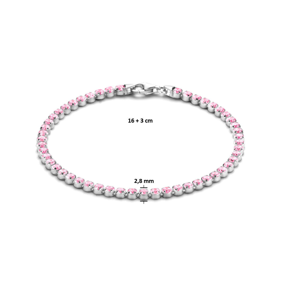 vDam Tennisarmband Roze Zirkonia 2,8 Mm 16cm + 3 Cm Zilver Gerhodineerd 1335835  16cm